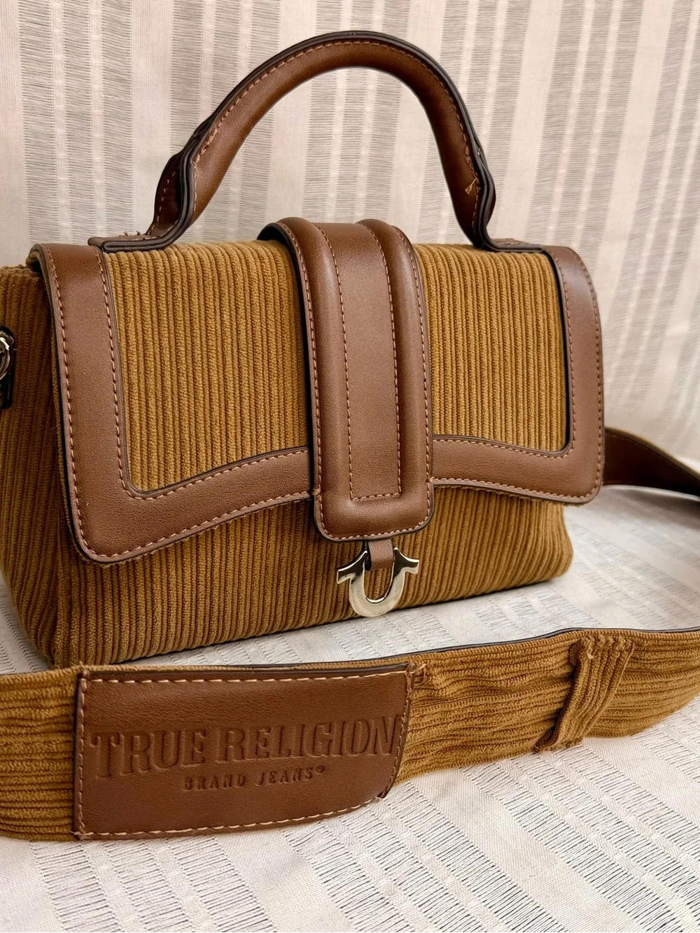 True Religion Brown Corduroy Horseshoe Flap Bag